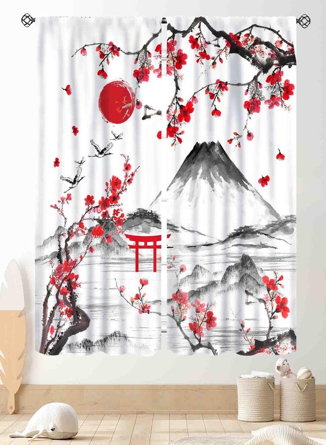 TKUYO Japanese Curtains, Traditional Ink Painting Red Floral Plum Cherry Blossom Asian Style Nature Mountains Landscape Window Drapes for Bedroom Living Room Kitchen Bathroom 2 Panels, 42"x45" Inch - Image 1